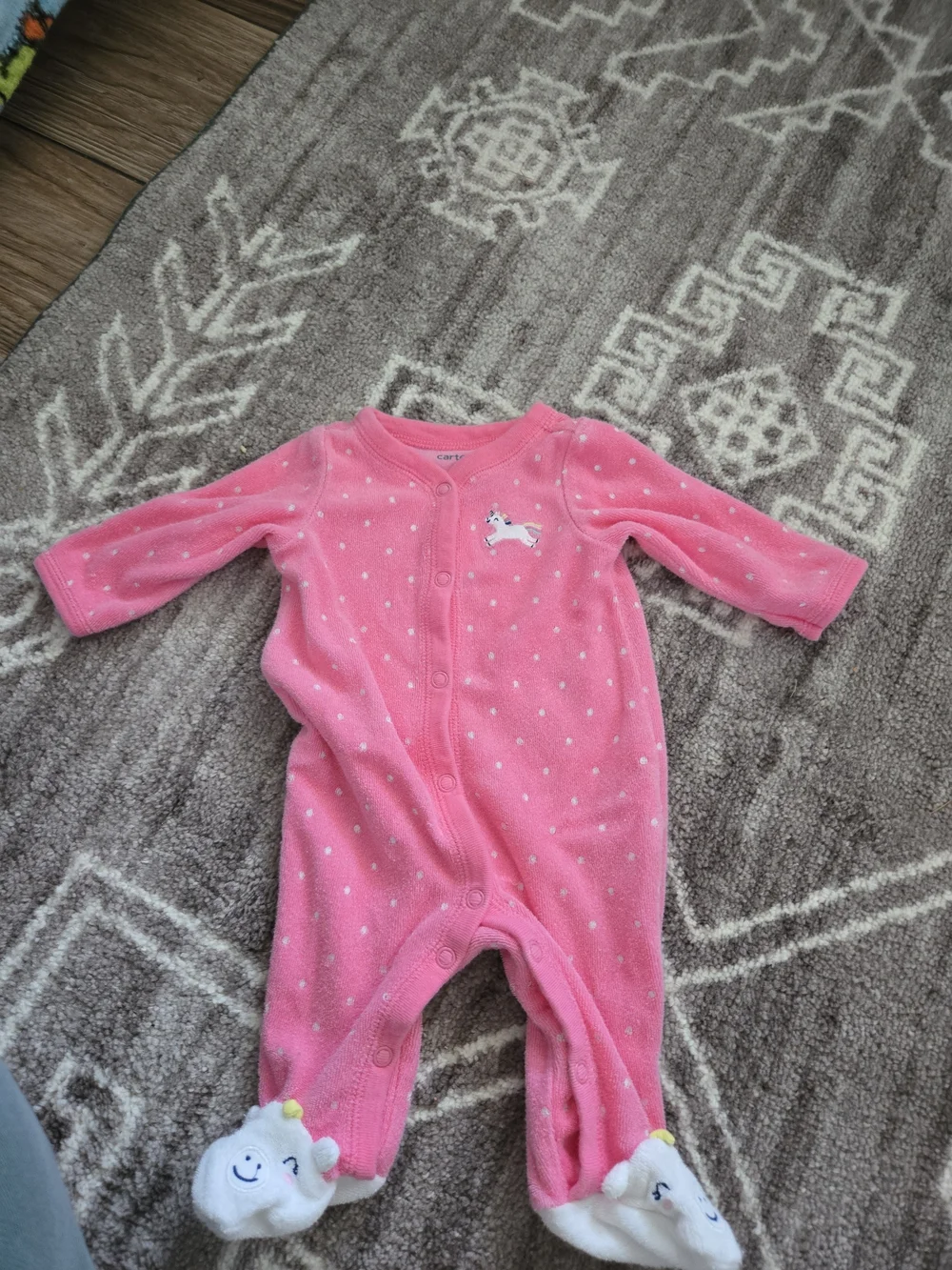 Carter's Pink Polka-Dot Fleece Footed One-Piece with Unicorn Feet